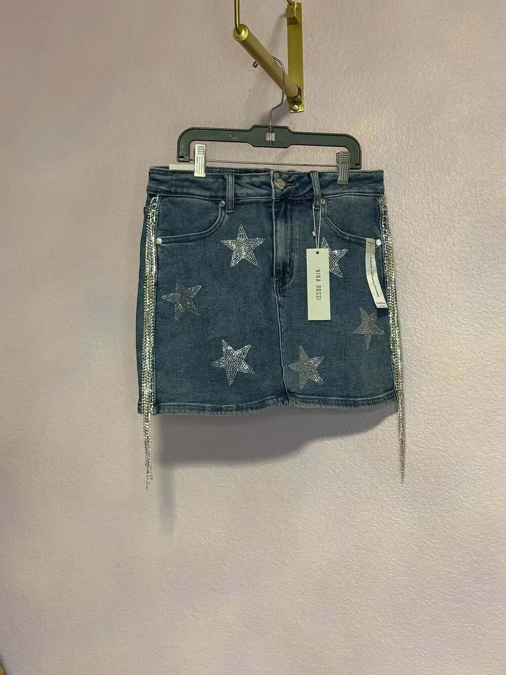 Nina Rossi Denim Skirt Size L Star Rhinestone Fringe Mini